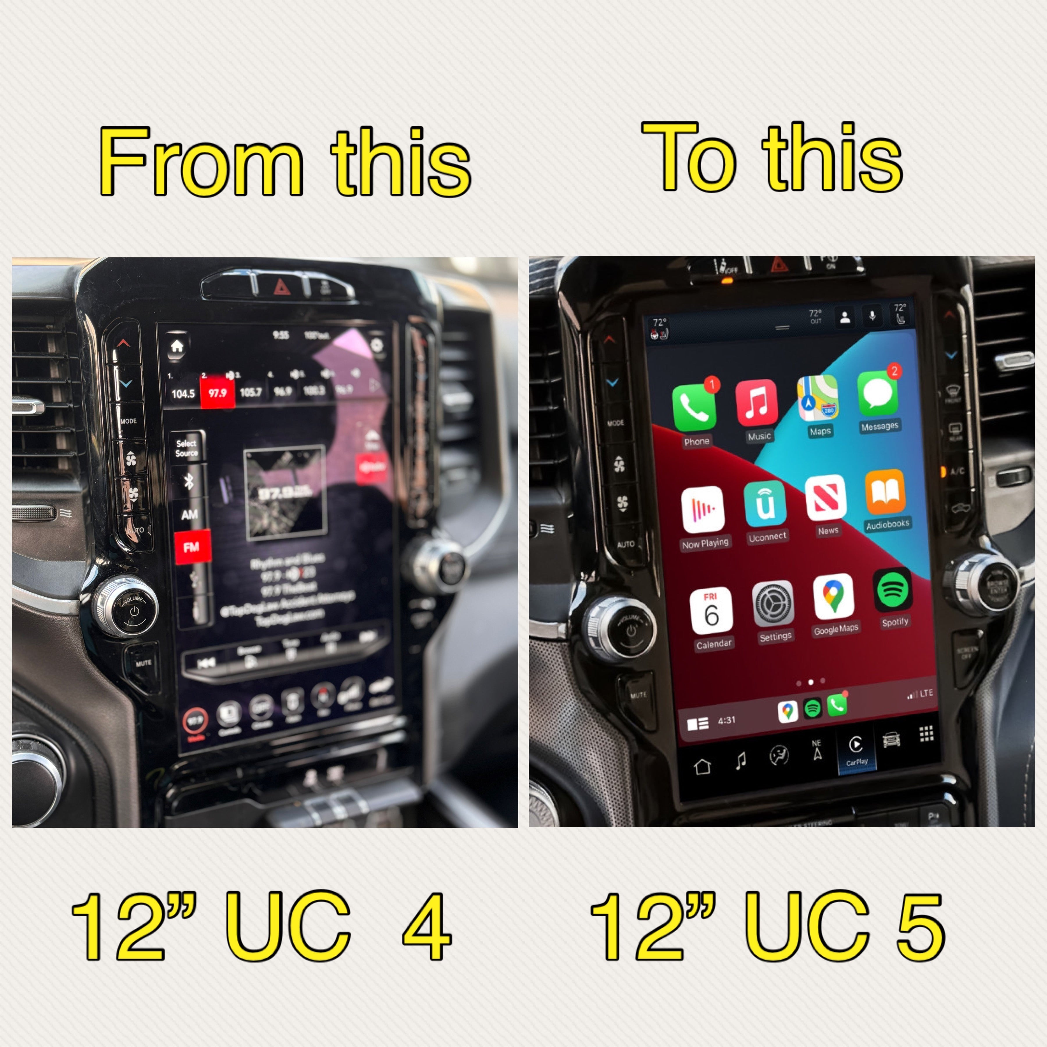 2019–2021 Ram 2500/3500 Uconnect 5 12-Inch Screen Upgrade Kit UBQ – Wireless Apple CarPlay & Android Auto