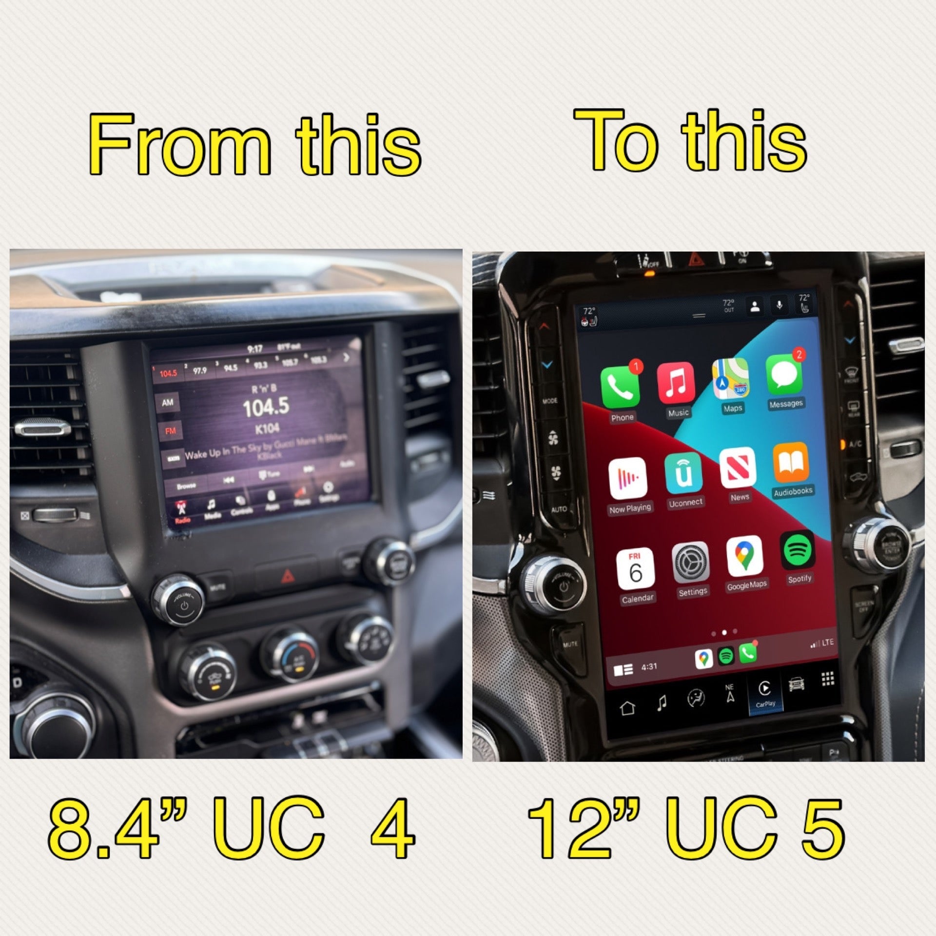 2019–2021 Ram 2500/3500 Uconnect 5 12-Inch Screen Upgrade Kit UBQ – Wireless Apple CarPlay & Android Auto